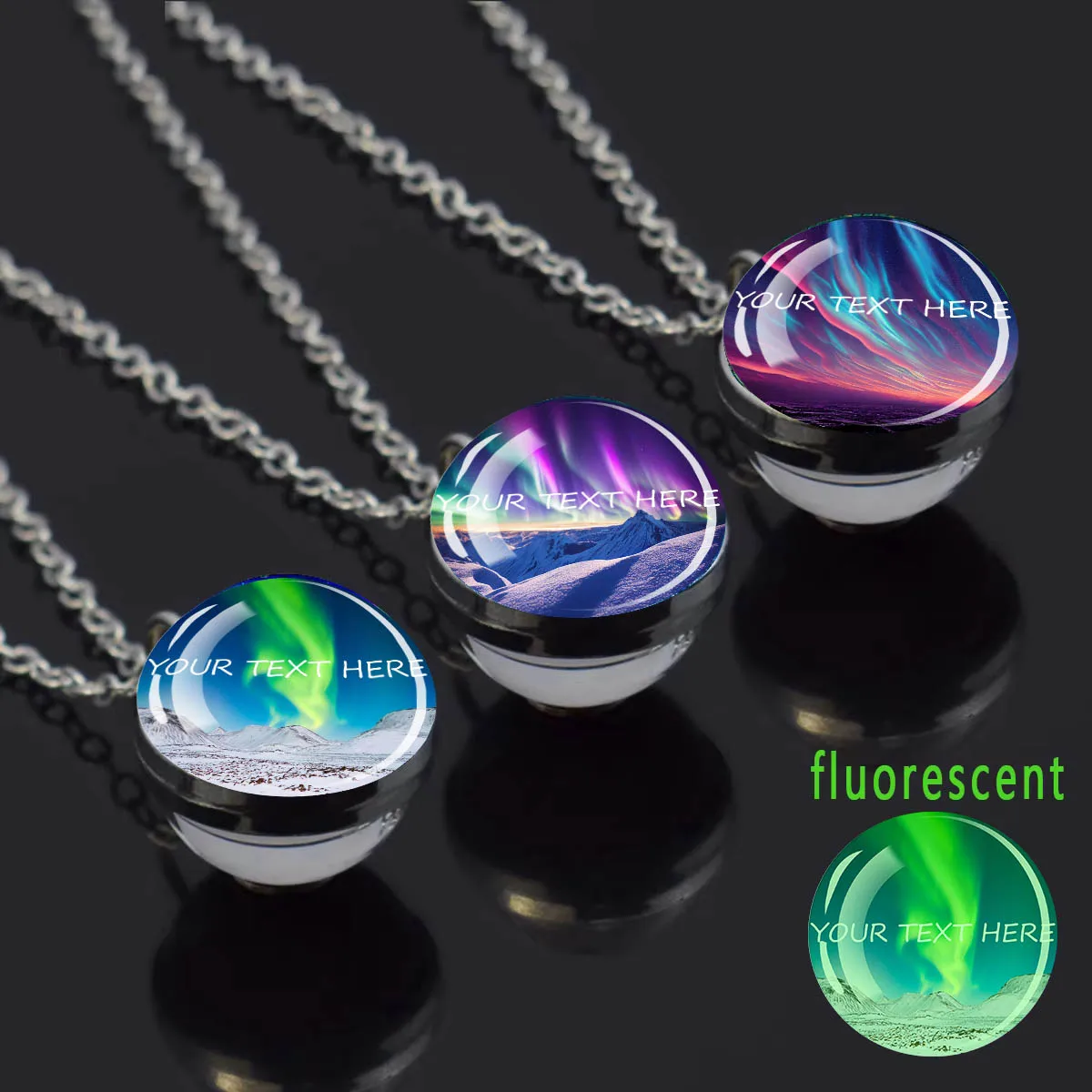 Customized Text Luminous Aurora Dome Glass Crystal Necklace Pendant Polar Aurora Travel Souvenir Fluorescent Jewelry Gift