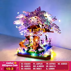 บ้านต้นซากุระขนาดเล็กพร้อมไฟจำลองบล็อกตัวต่อวิวถนนของเมืองบ้านต้นซากุระของเล่นเด็กสำหรับเด็กผู้หญิง