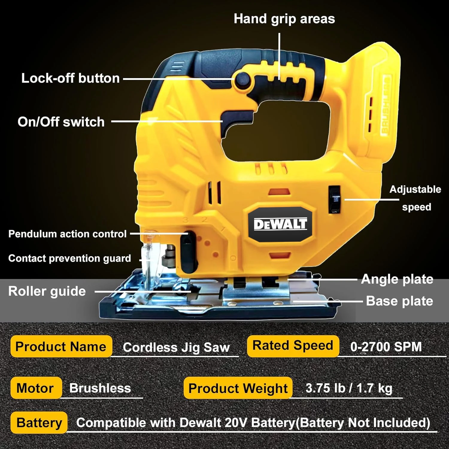 

Dewalt Cordless Jigsaw 3500RPM Electric Saw 45 Degree Cutting Angle Jigsaw Woodworking Tools 20V Battery Pin
