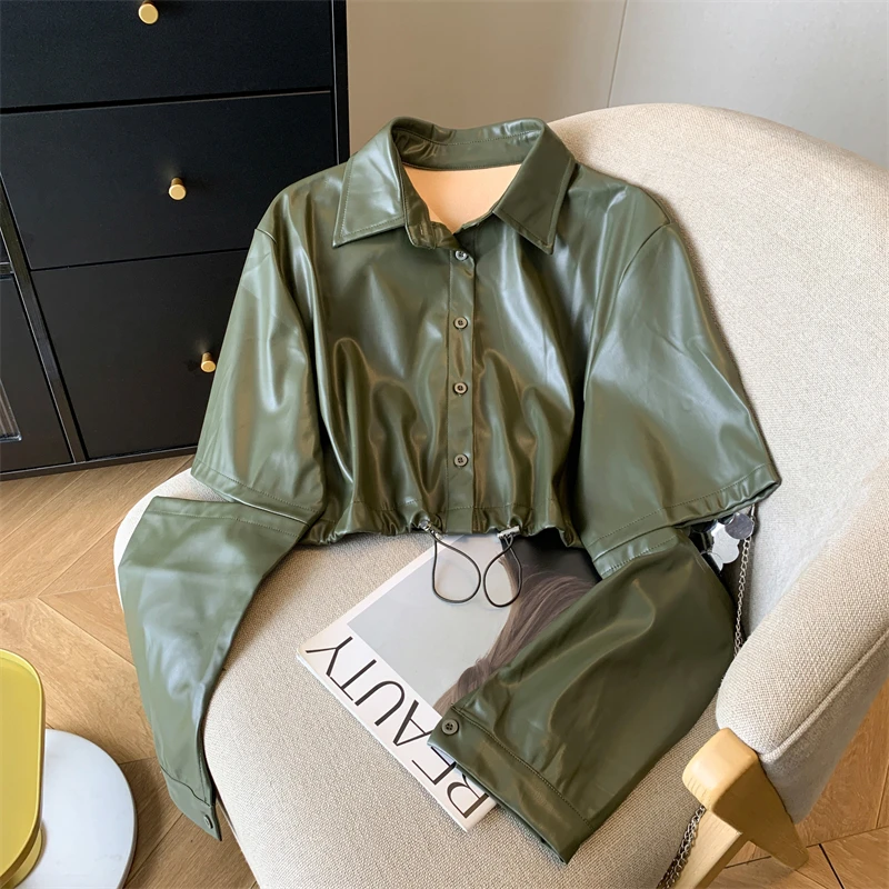 Jaqueta de couro curta para mulheres marrom verde casaco pu primavera outono único breasted gola virada para baixo topo na moda design de manga aberta