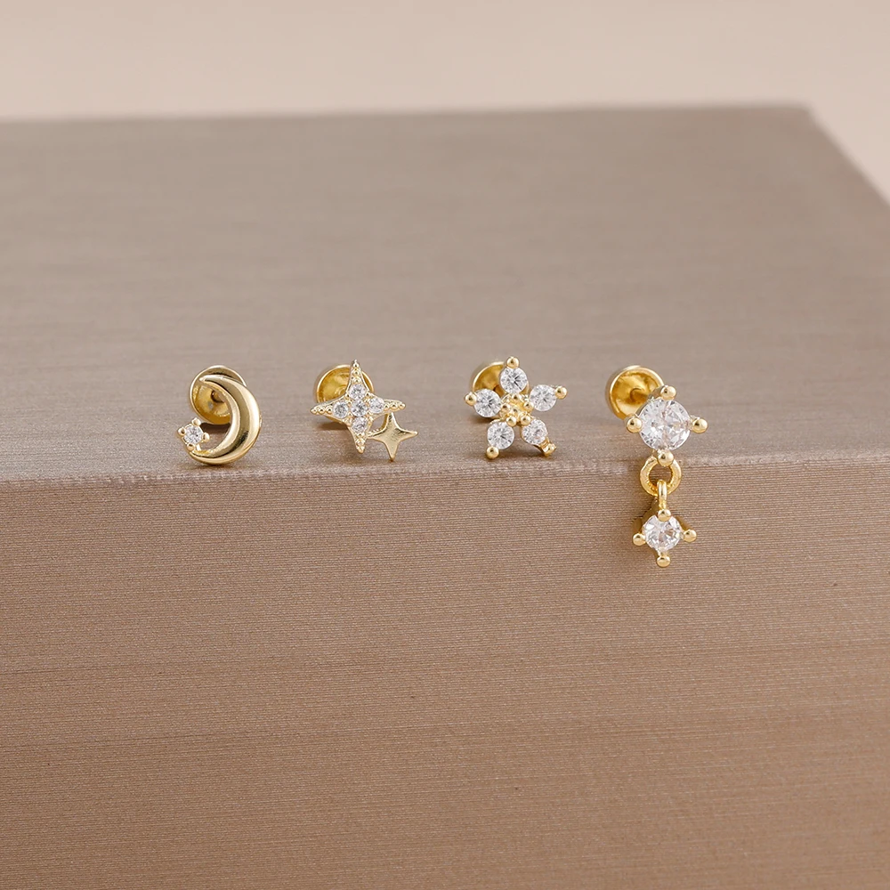 4 قطعة تصميم جديد الفولاذ المقاوم للصدأ مكعب زركونيا قرط الاذن المرصع للنساء ستار زهرة قلادة الغضروف ثقب المجوهرات الأنيقة #6