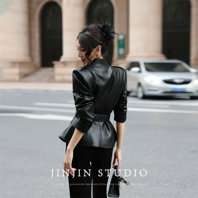 Leather Jacket Women's Jackets Spring and Autumn  Cardigan Ladies' Senior Leather Coat Waist Temperament Design Sense Coat Tide