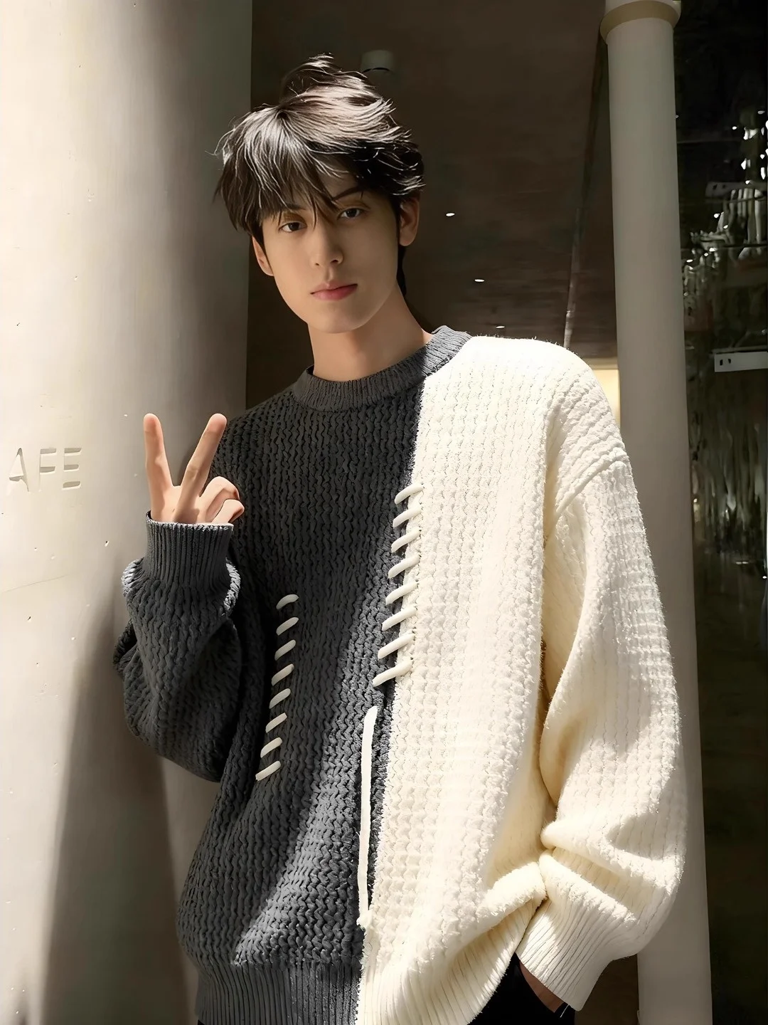 سترة محبوكة للرجال من Thiened Fce باللون الأحمر والأبيض بتصميم Blo شتاء دافئ ملابس داخلية غير رسمية طبقة أساسية من ألياف البوليستر