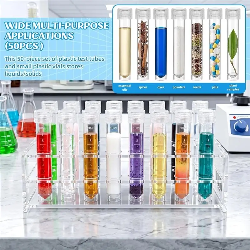 Well Made-Test-Sample-Bottles 50PCS 10Ml Plastic Graduated Vial Tube Small With Screw Caps Lid Container