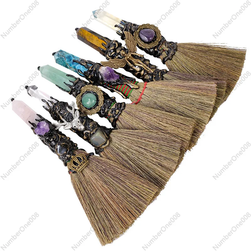 

Оптовая продажа, натуральный нефрит, волшебная метла ведьмы, детская игрушка для чистки рабочего стола, аметист, шестиугольная колонна, маленькая метла