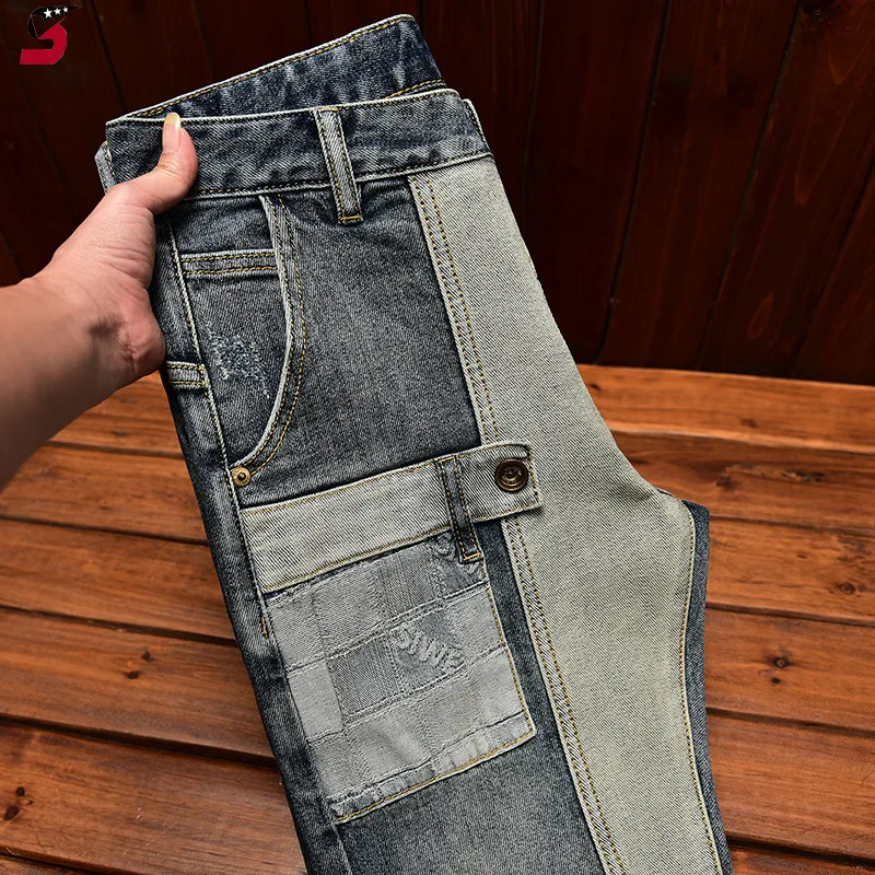 Jeans alla moda di fascia alta Cuciture patchwork da uomo Pantaloni lunghi di marca alla moda elasticizzati e aderenti alla caviglia