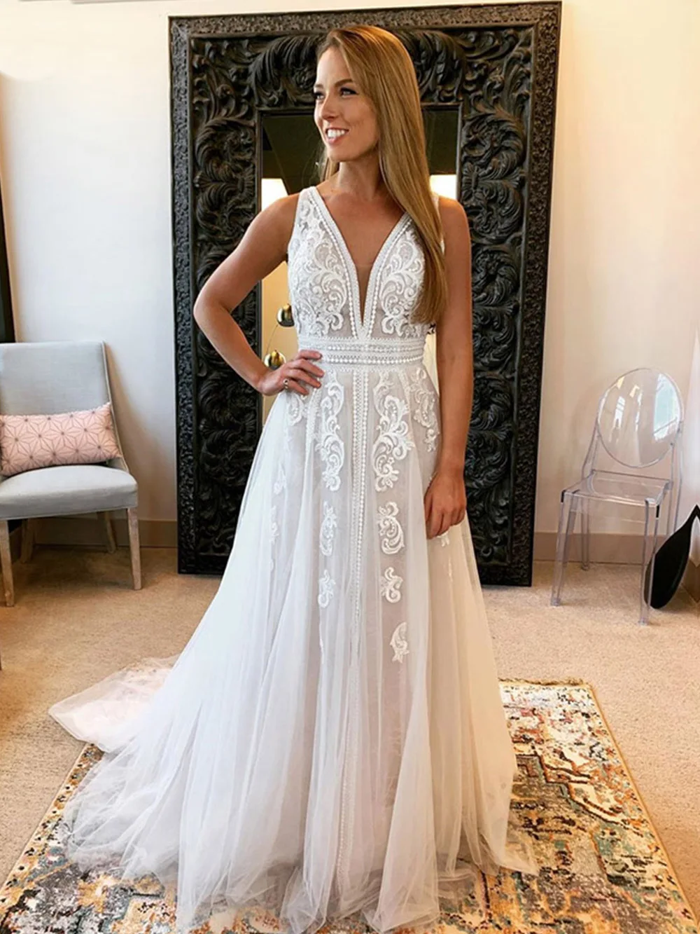 

VENSANAC Boho Deep V Neck Lace Appliques A Line Wedding Dress Embroidery Sash Tulle Sweep Train Bridal Gowns