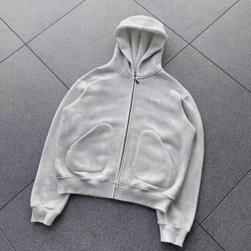 

Mertra Vintage Oversized Zip Up Hoodie Light Gray Loose Fit Fleece Sweatshirt High Street Casual Top