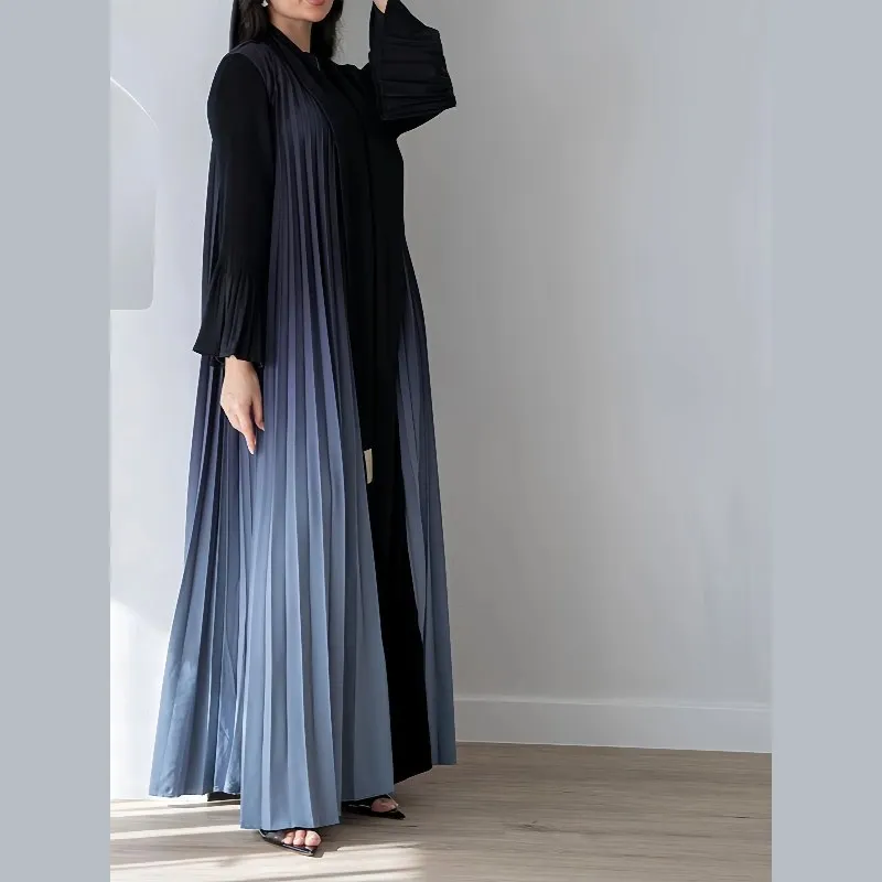 

Женское плиссированное платье макси с длинными рукавами и градиентом от черного до синего цвета, текстурированная ткань, элегантная модная повседневная одежда, модный шик