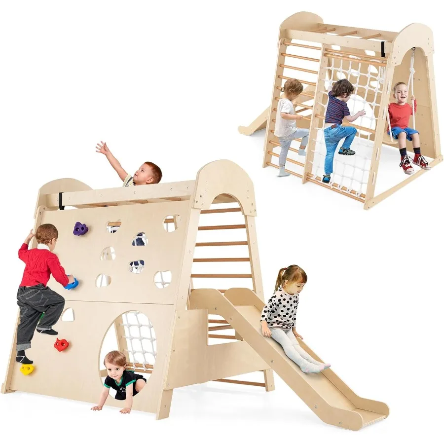 

Upgraded Indoor Playground 8-in-1 Montessori Beech Wood Climbing Toys for Toddlers 3+ with Climbing Wall Crawling Net L