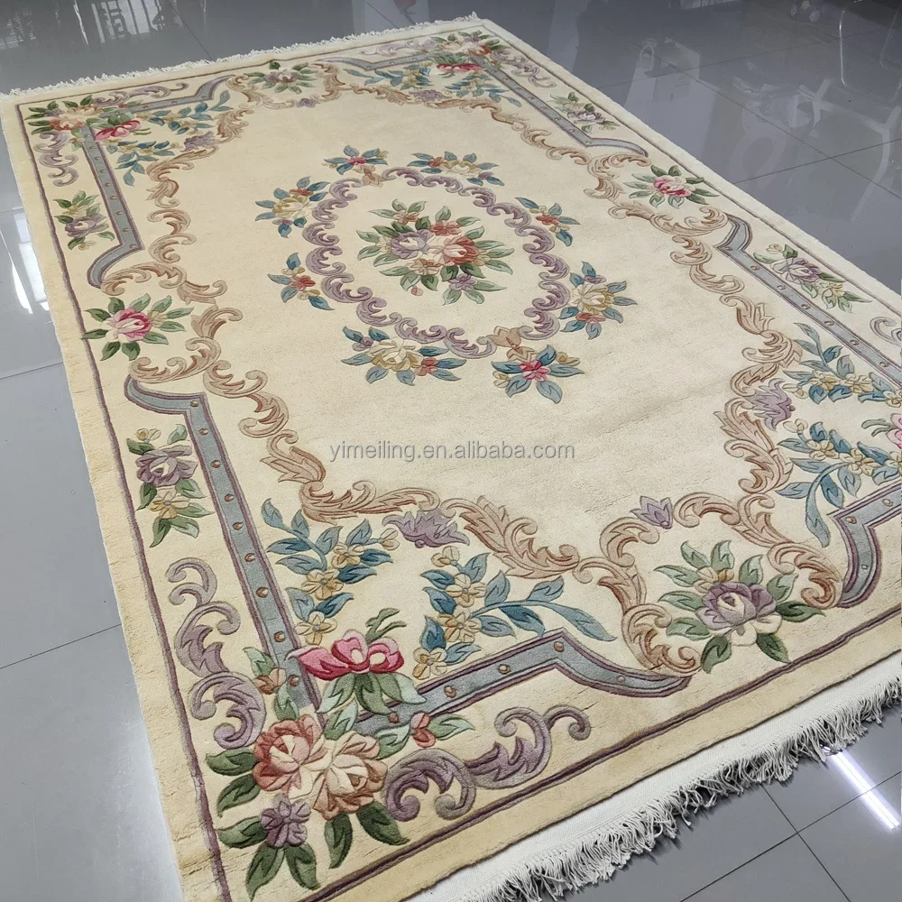 2m x 3m Chinese Traditional Floral Handmade Hand Knotted Carved Wool Rug 6x9 Beige Cream Thick Woolen Area Rugs Carpets 90Lines