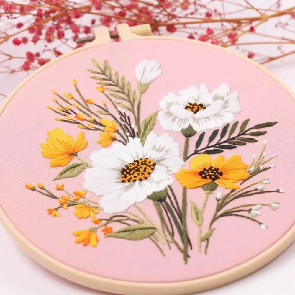 Flower DIY Embroidery Kits 3D Flower Landscape Embroidery Stitching Kits With Hoop Art Needlework