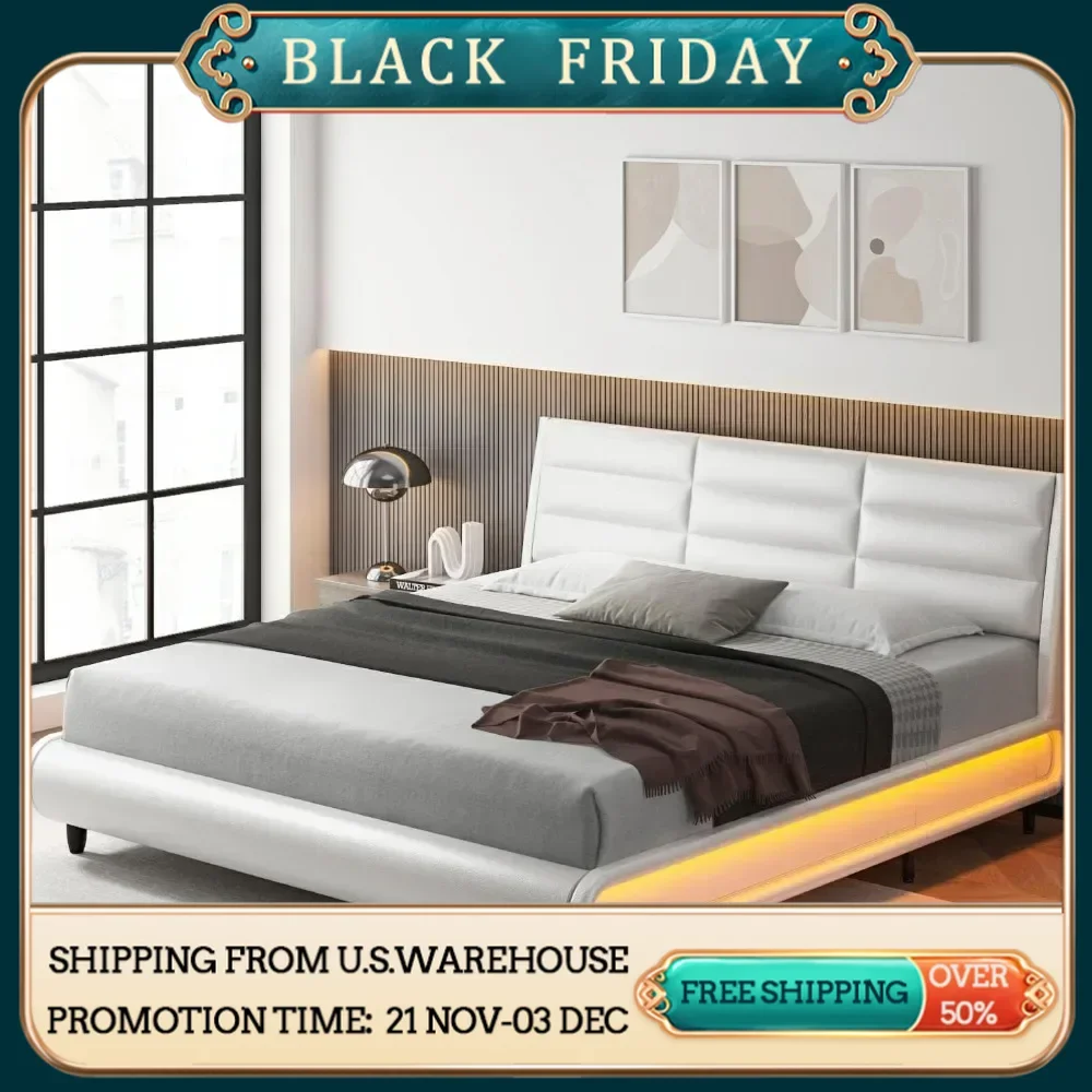 Upholstered Bed Frame with Smart LED, Platform Bed with Adjustable Headboard, Modern Mattress Foundation with Wood Slats