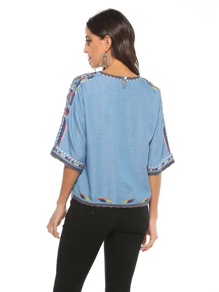 KHALEE YOSE Vintage Floral Embroidery Blouse Shirt Blue Denim Summer Mexican Shirt Women Holiday Casual 23XL Ethnic Shirt Tops