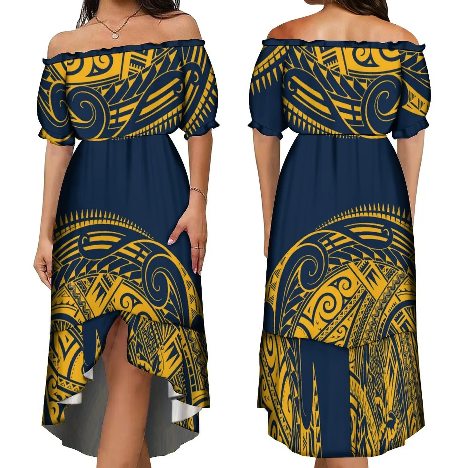 

Summer Polynesian Custom Dress Pattern Vintage Design Short Sleeve New Line Shoulder Elegant Temperament Dress Slit Skirt