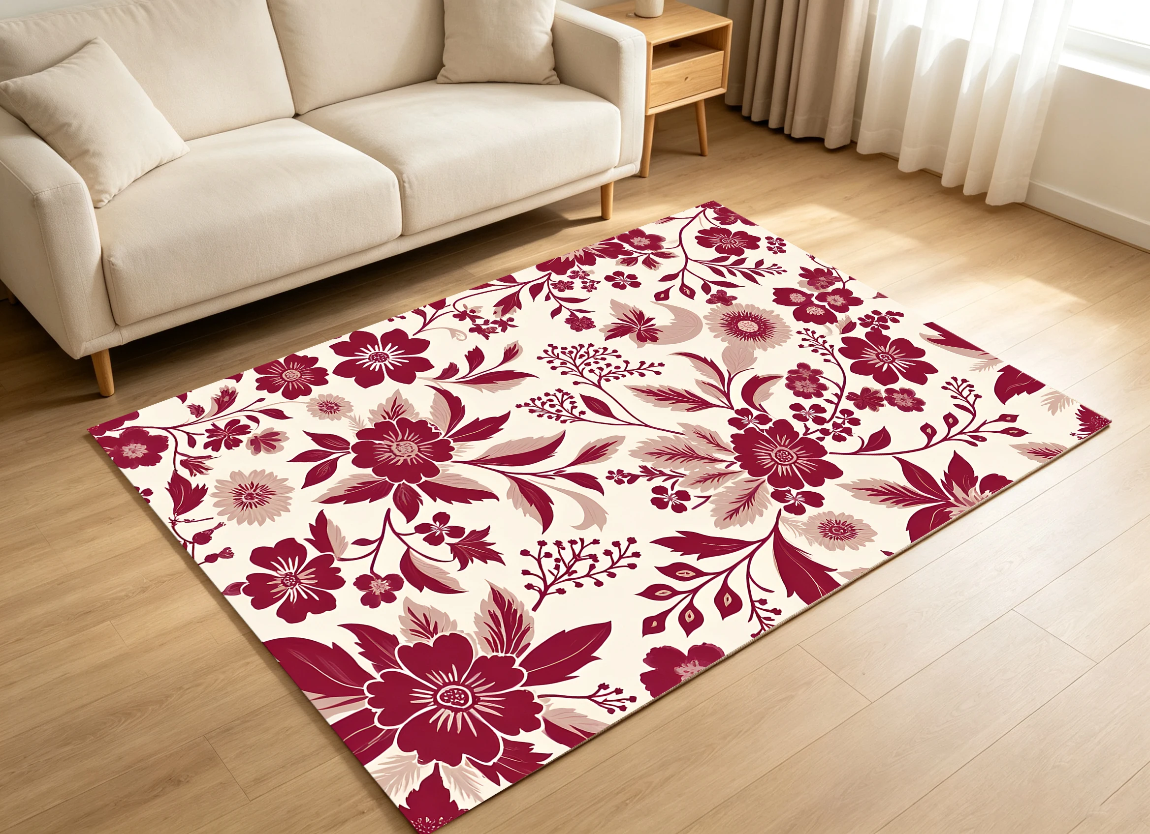 2D Large Rug Beige Base & Vintage Burgundy Floral Pattern A Luxurious & Soft Rug for Living Rooms & Bedrooms, Enhancing