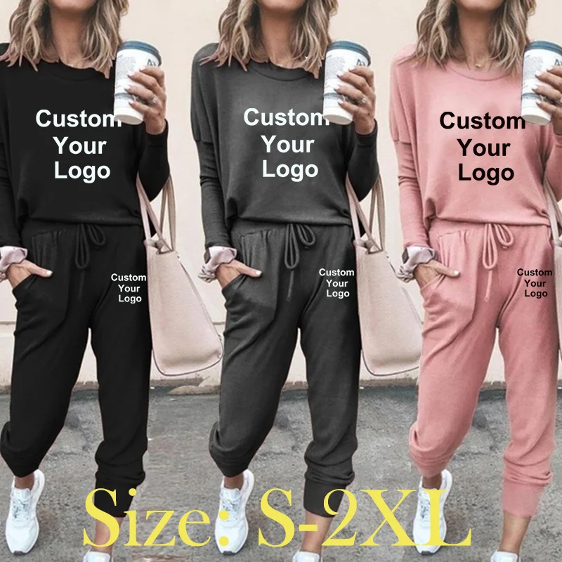 New Spring and Autumn Custom Your Logo Women\'s Suit Fashion Daily Home Wear Woman Round Neck Sweatsuit + Pants 2pcs Sets