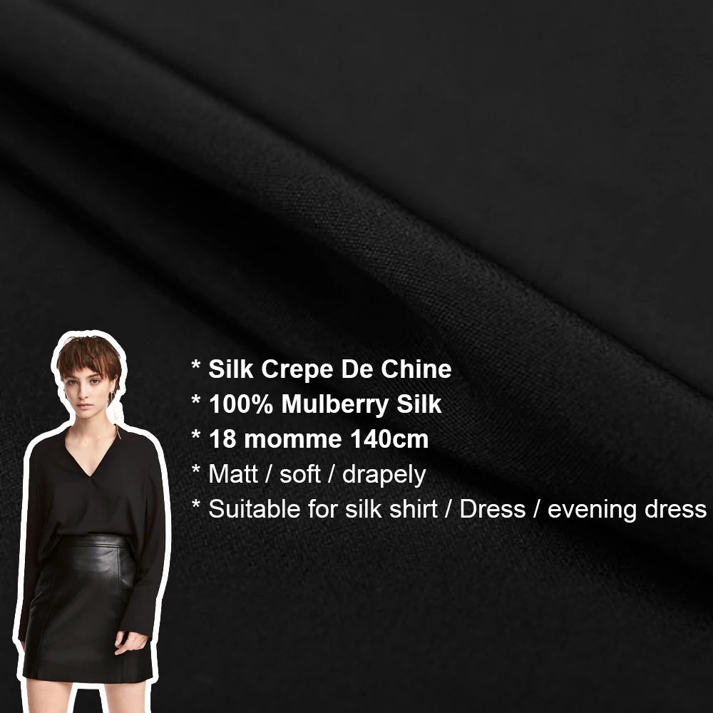 100%  SILK CREPE DE CHINE 140cm width 18momme Natural Silk Dress Fabric crepe de chine silk Wedding Fabric Black NO 03