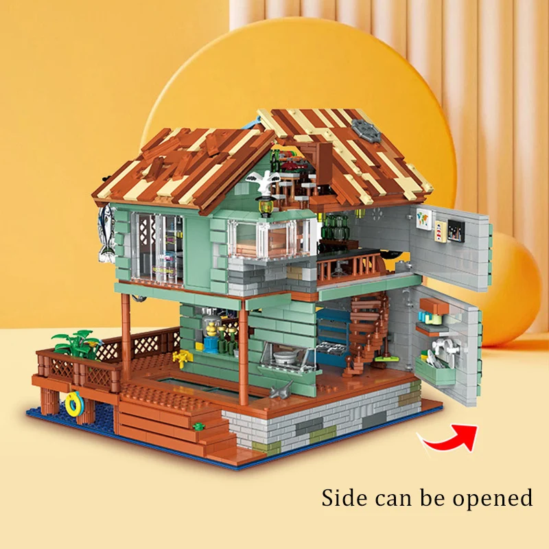 City Old Fishing Store Wharf Village Harbour Reataurant Model Building Blocks Street View Wooden House Mini Bricks Toys Kid Gift