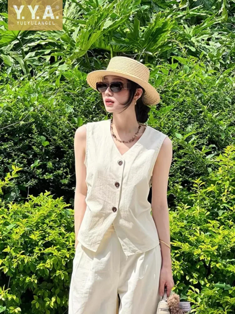 

Casual Office Ladies New Summer V-Neck Single Breasted Vest High Waist Wide Leg Pants Two Piece Set Women Elegant Matching Sets