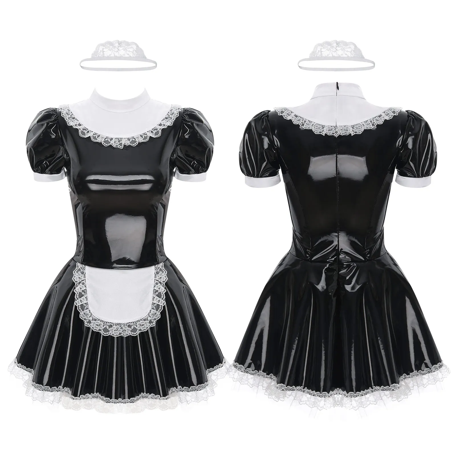 Women's French Maid Fancy Cosplay Costume Patent Leather Maid Dress with Lace Headband Maid Role Play Games Dress Up Clothing