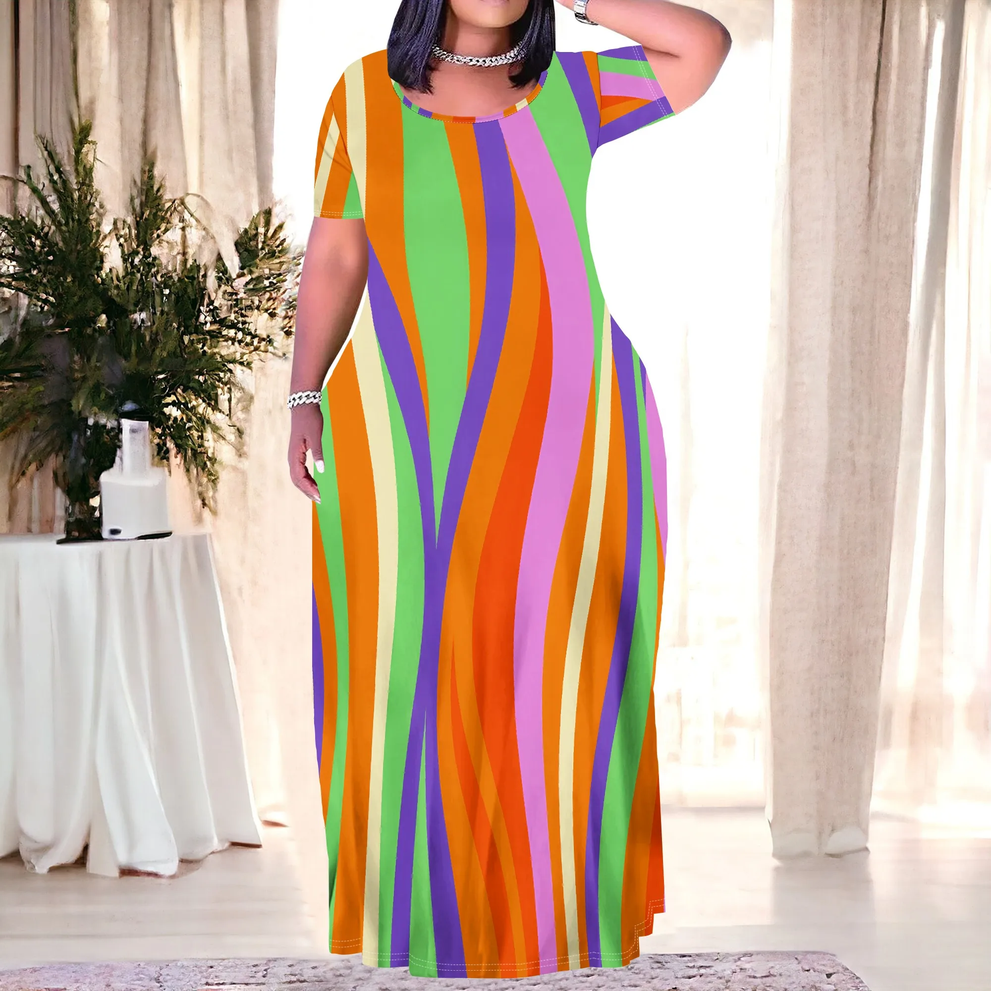 

"Plus Size XL-6XL Vibrant Striped Maxi Dress for Summer Parties & Holidays – Colorful Bold Wavy Print, Comfortable & Trendy"