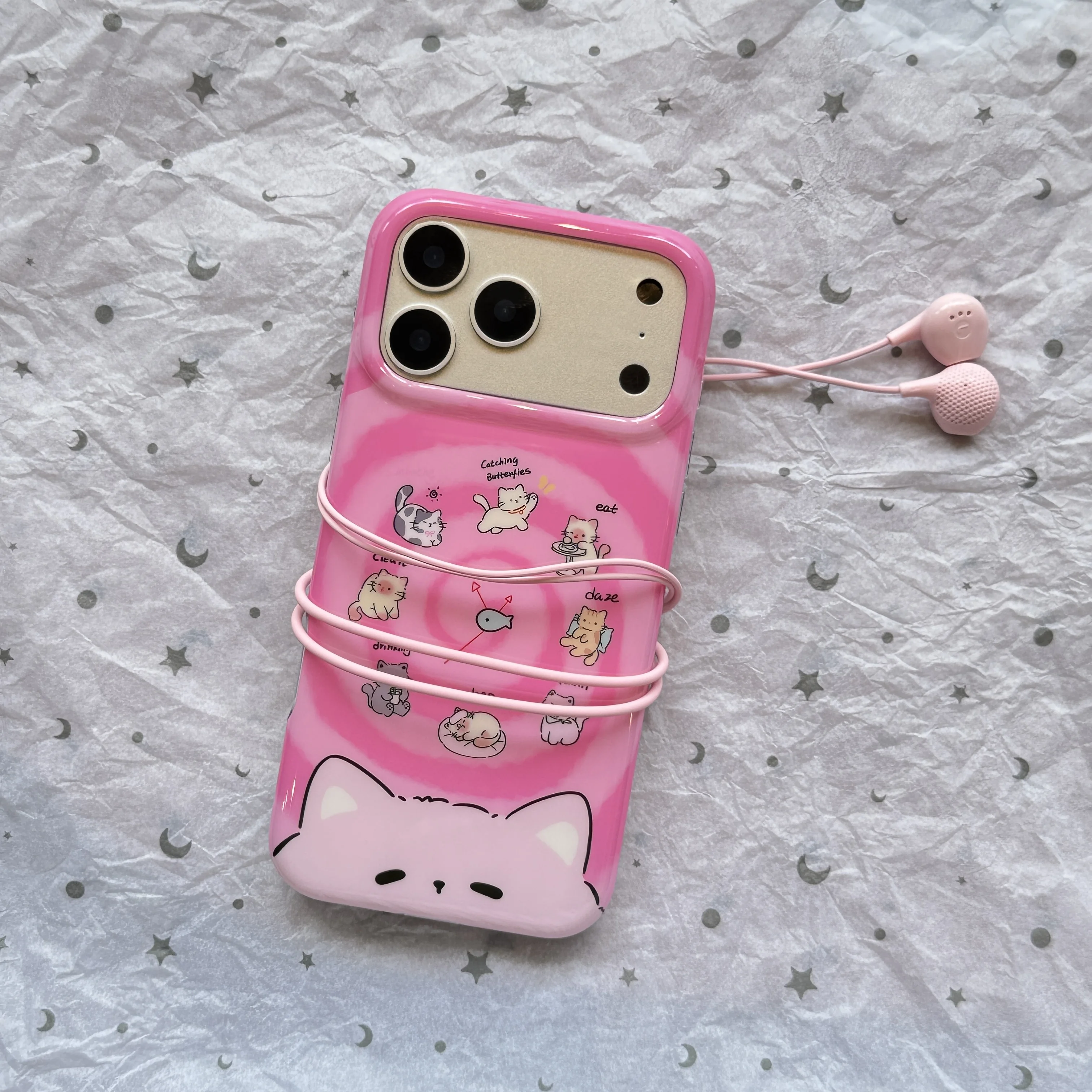 Kawaii Daily Cat Spinner Chart Phone Case For iPhone 17 16 15 Pro Max Bright Pink Swirl Gradient Background Shockproof Cover
