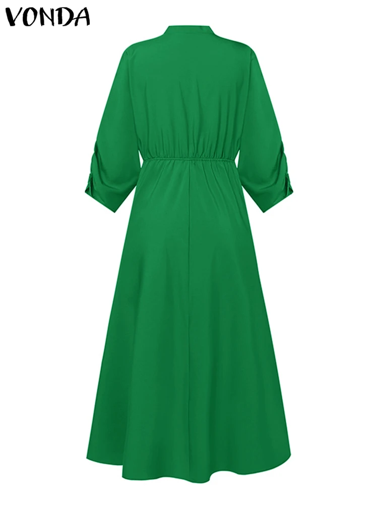 Plus Size VONDA Women Elegant Maxi Dress 2024 Vintage Three Quarter Sleeve Dress Solid Color Sundress Sexy Loose Robe Vestidos