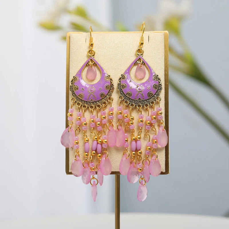 Bohemian Ethnische Lange Antik Gold Farbe Emaille Wasser Tropfen Ohrringe für Frauen Bunte Reis Perle Quaste Ohrring Pendientes Mujer – Detail 12