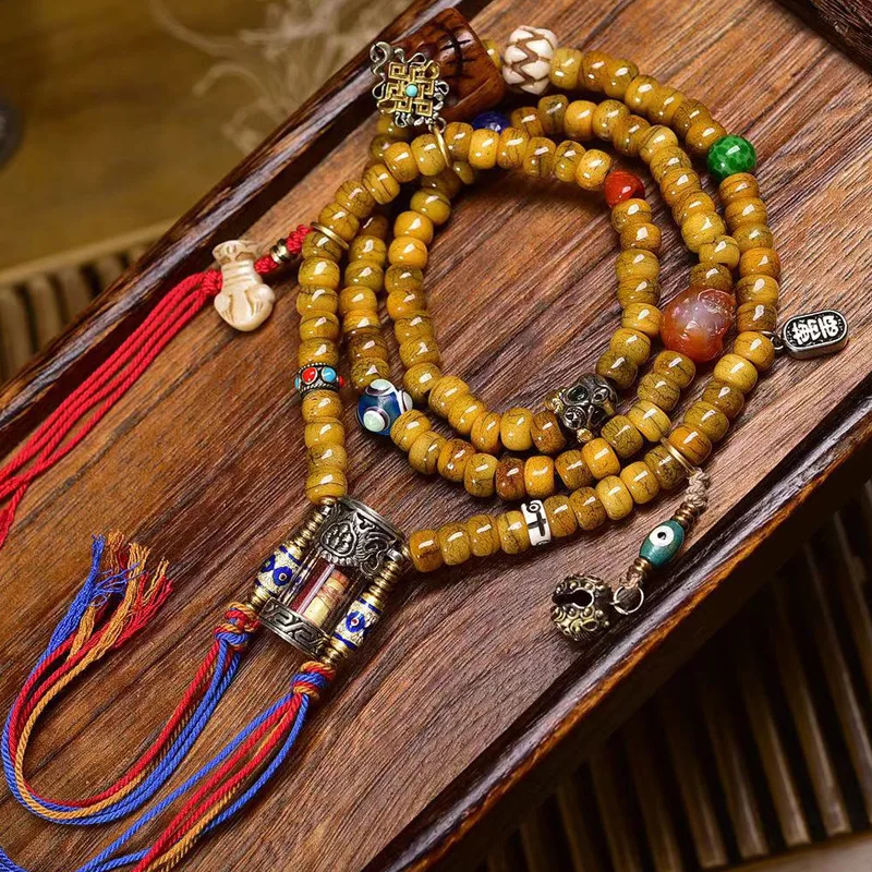 108 Multi-Circle Bracelet Of Backflow Buddha Beads With Ox Bone,, Sutra Text, And Gau Box Pendant