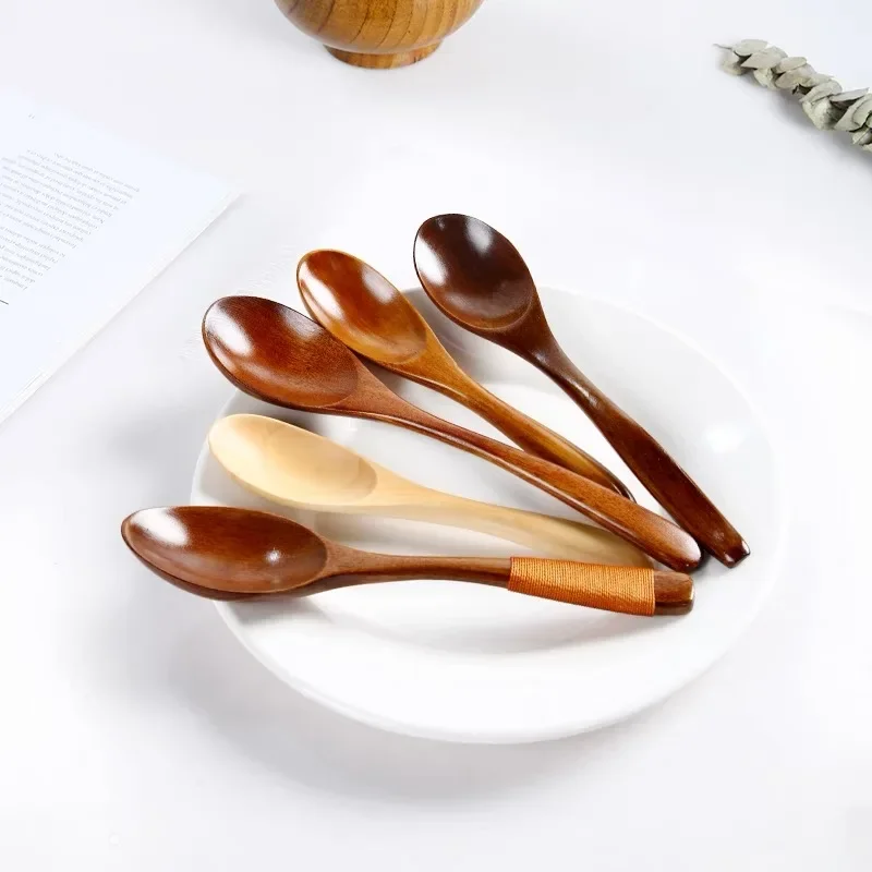 Japanese Solid Wood Dessert Spoon Home Kitchen Accessories Cooking Wooden Spoon Long Handle Fruit Fork Dessert Mini Spoon