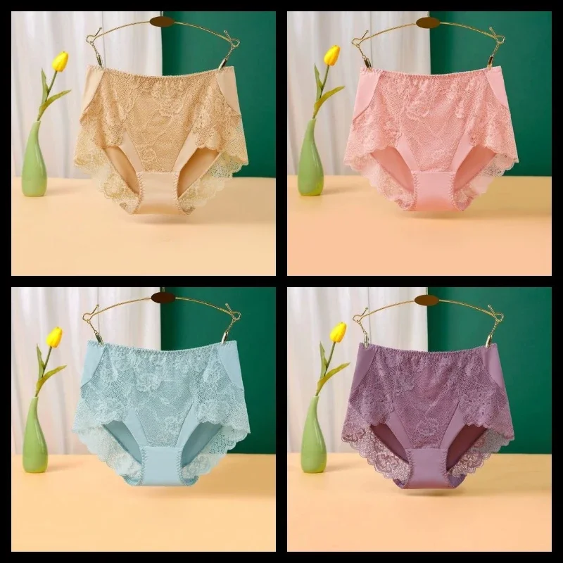 

High-waisted Lace Underwear, Sexy and Comfortable Cotton Crotch Seamless Breathable Hip-wrapped Briefs, High-end Models,4 Pairs