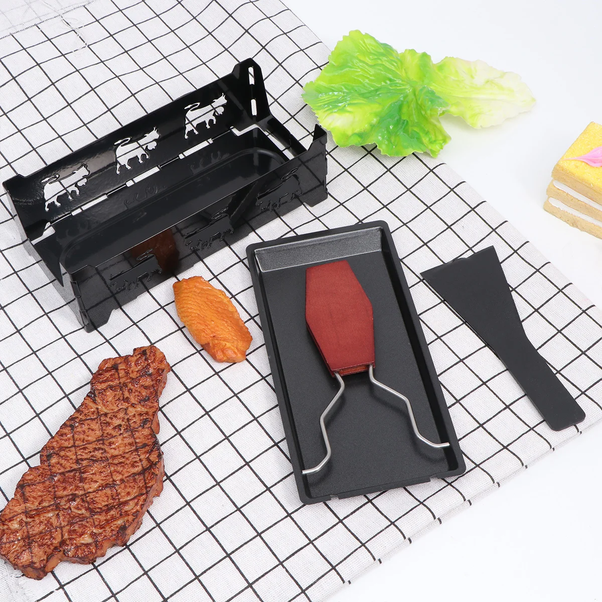 

1Set Mini Cheese Fondue Grill Portable Non-Stick Bakeware Set Black Stove Rack Wood Handle Small Spatula Outdoor Camping