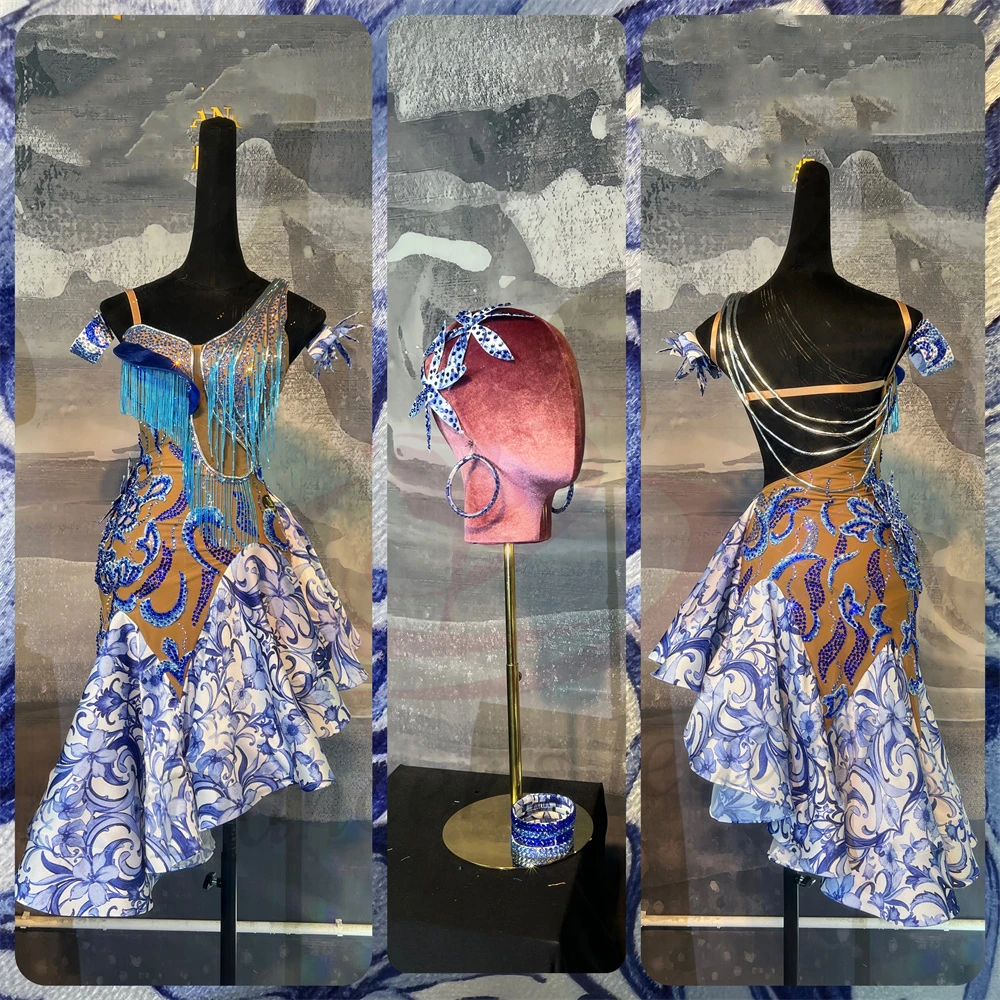 Latin Dance Adult Children'S Dress AB Stone High-End Custom Blue And White Porcelain Print Cha Cha Tango Women'S Clothing