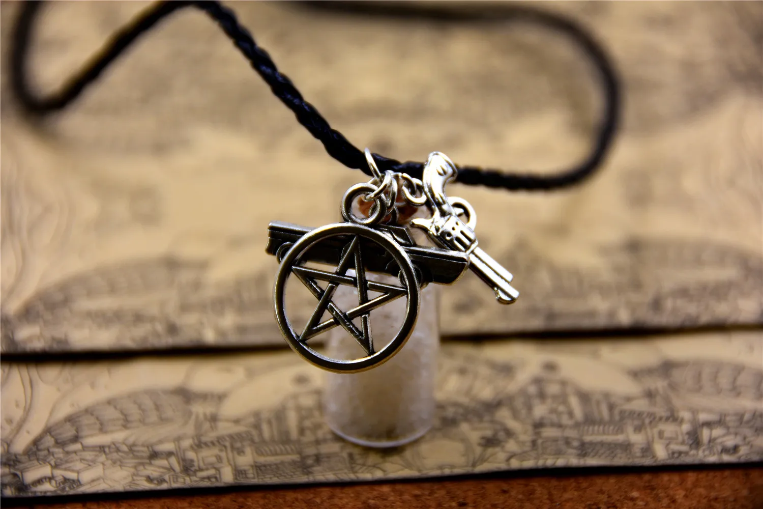 TV Series Pentagram Car Gun Salt Bottle Personalized DIY Charm Necklace Unique Handmade Jewelry Gift Her Custom Trendy Design