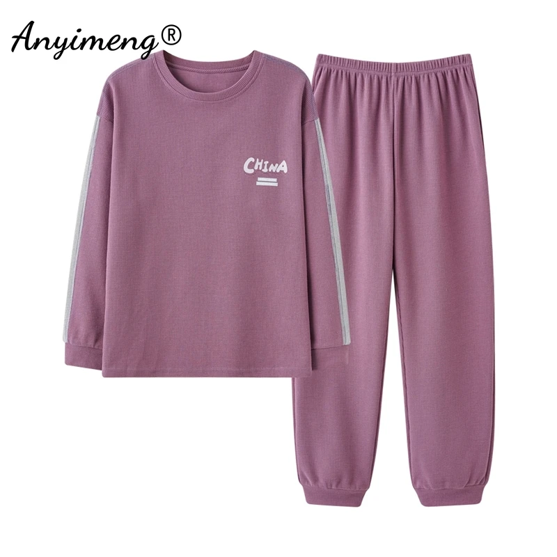 New Autumn Winter Waffle Cotton Women Pajamas Long Sleeves Nightwear Soft Sports Pajama Round Collar Woman Sleepwear