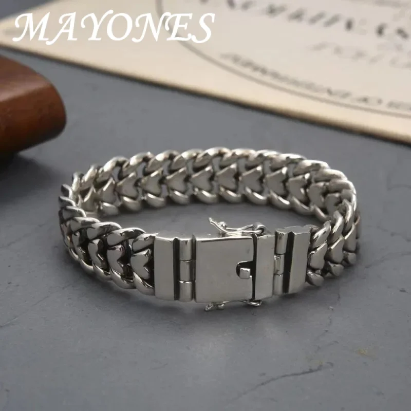 

MAYONES New S925 Sterling Silver Personalized Domineering Punk Style Fashionable 16Mm Heart-Shaped Strap Bracelet Men'S