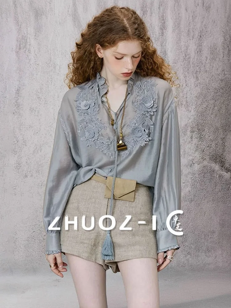 

Retro Feel Embroidered Lace Trim Loose Fit Long Sve irt Unique Beautiful Top Winter New Sle Casual Women's Faion