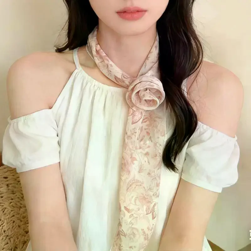 Floral Chiffon Scarf With Rose Decor Sweet Neck Scarf For Women Casual Dress Shirt Accessory