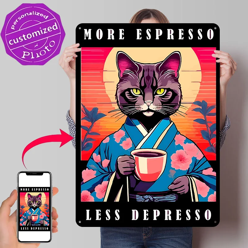More Espresso Less Depresso Cat Metal Poster Perfect Gift for Fans Lovers Customized Wall Art Metal Sign for Room Decor Home Tin