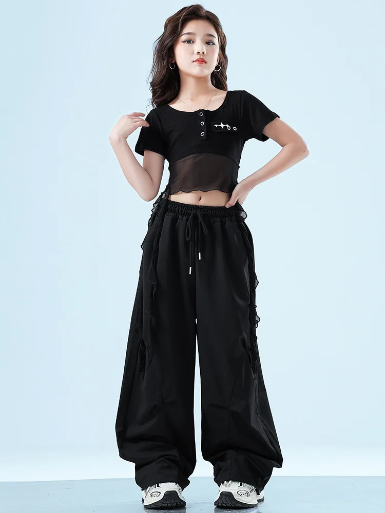 Ropa de Hip Hop Kpop para chico, Top corto con tirantes blancos y negros, pantalones informales de paracaídas para el sudor para niña, trajes de baile de Jazz, ropa