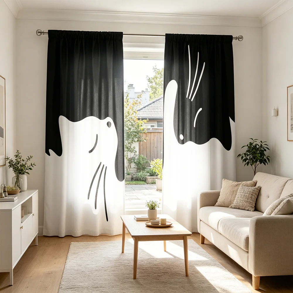 2PCS Black White Cat Curtains, Animal Pet Print, Cute Window Drapes for Living Room Bedroom Kids Room Home Decor