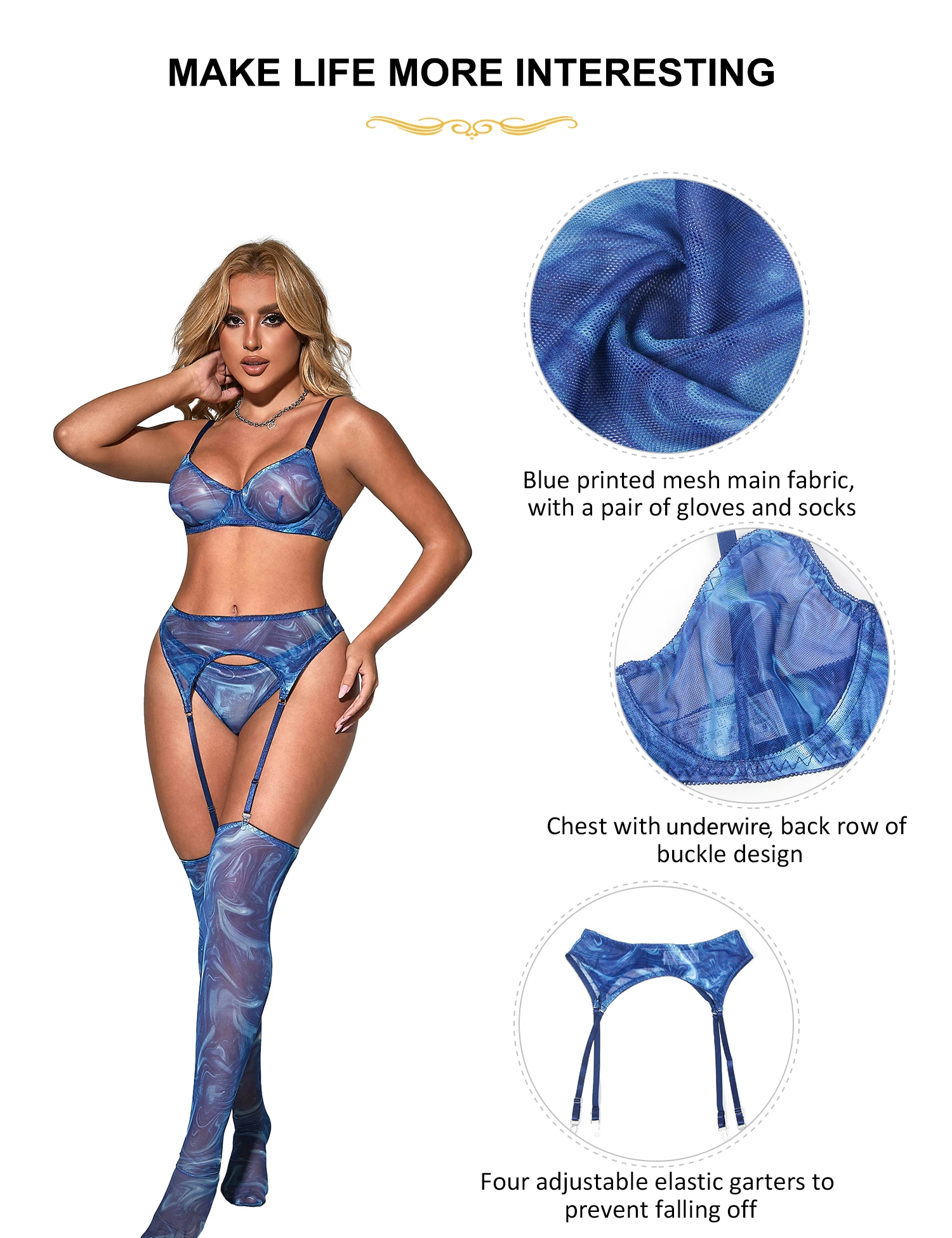 Comeondear Women Mesh Bra Briefs Panties Garter Belt Blue Sexy Underwear Set Plus Size See Through 5 Pieces Lingerie with Gloves