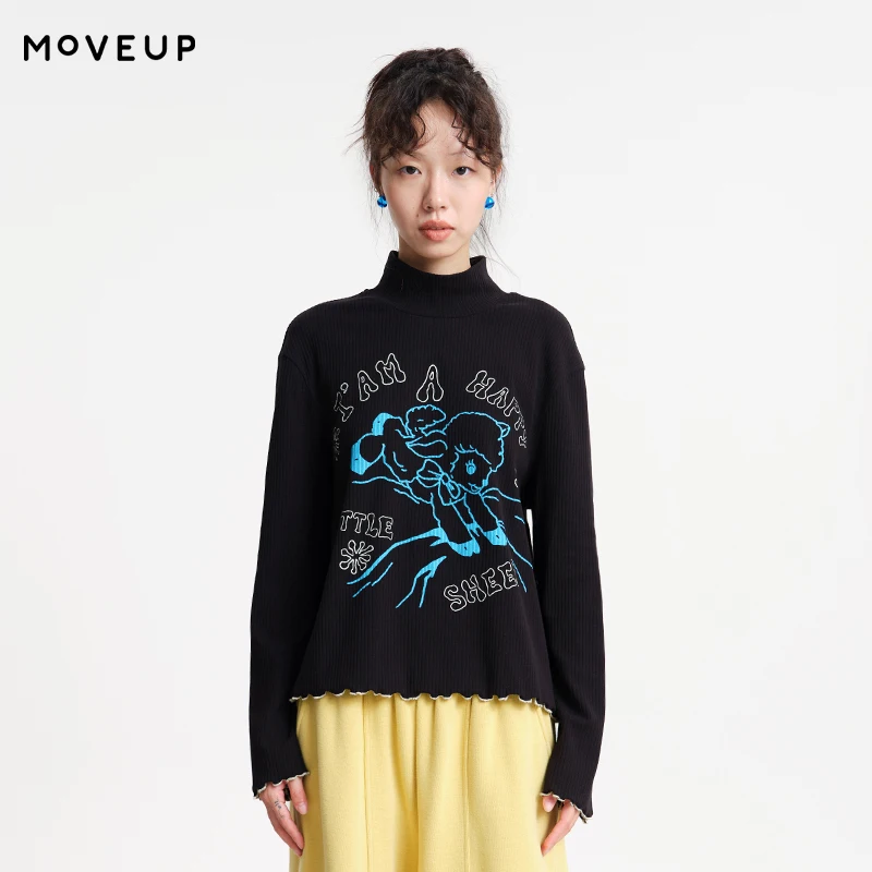 MOVEUP Casual Long Sleeved High Neck T-Shirt Winter Contrasting Color Cartoon Lamb Print Commuting Top For Women 3EWD10511
