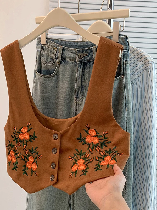 

Retro Embroidered Flower ort Vest Large Size Women's Casual Layering Versatile Top Open Cardigan Sle Polyester Fiber