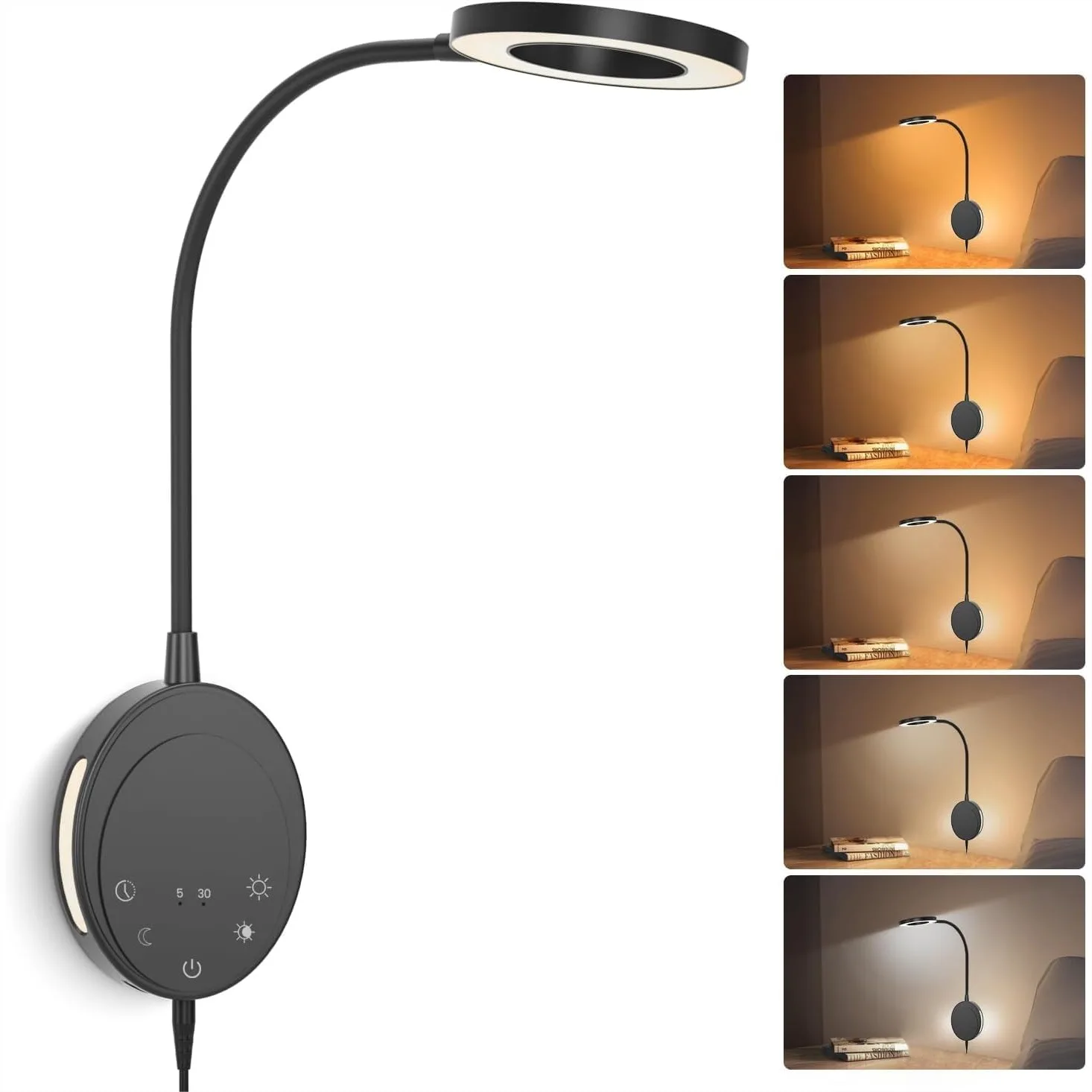 

Wall Mounted Reading Light, Bedside Headboard Lights with 5 Color Temperature & 5 Dimming, 360° Flexible Gooseneck, USB Output,