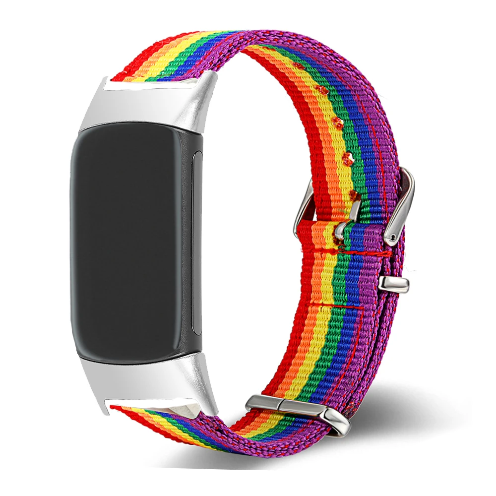 Applicare al cinturino per orologio Fitbit Charge 5/2/3/4 con cinturino arcobaleno LGBT in nylon metallo acciaio inossidabile con connettore dedicato