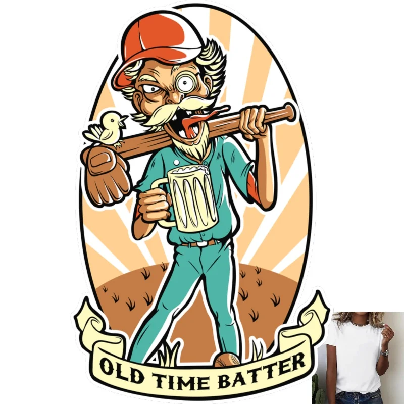 Vintage Baseball Batter Cartoon Heat Transfer White Ink Iron - on Patch, Fun Beer & Bird Pattern, for T - Shirts/Canvas