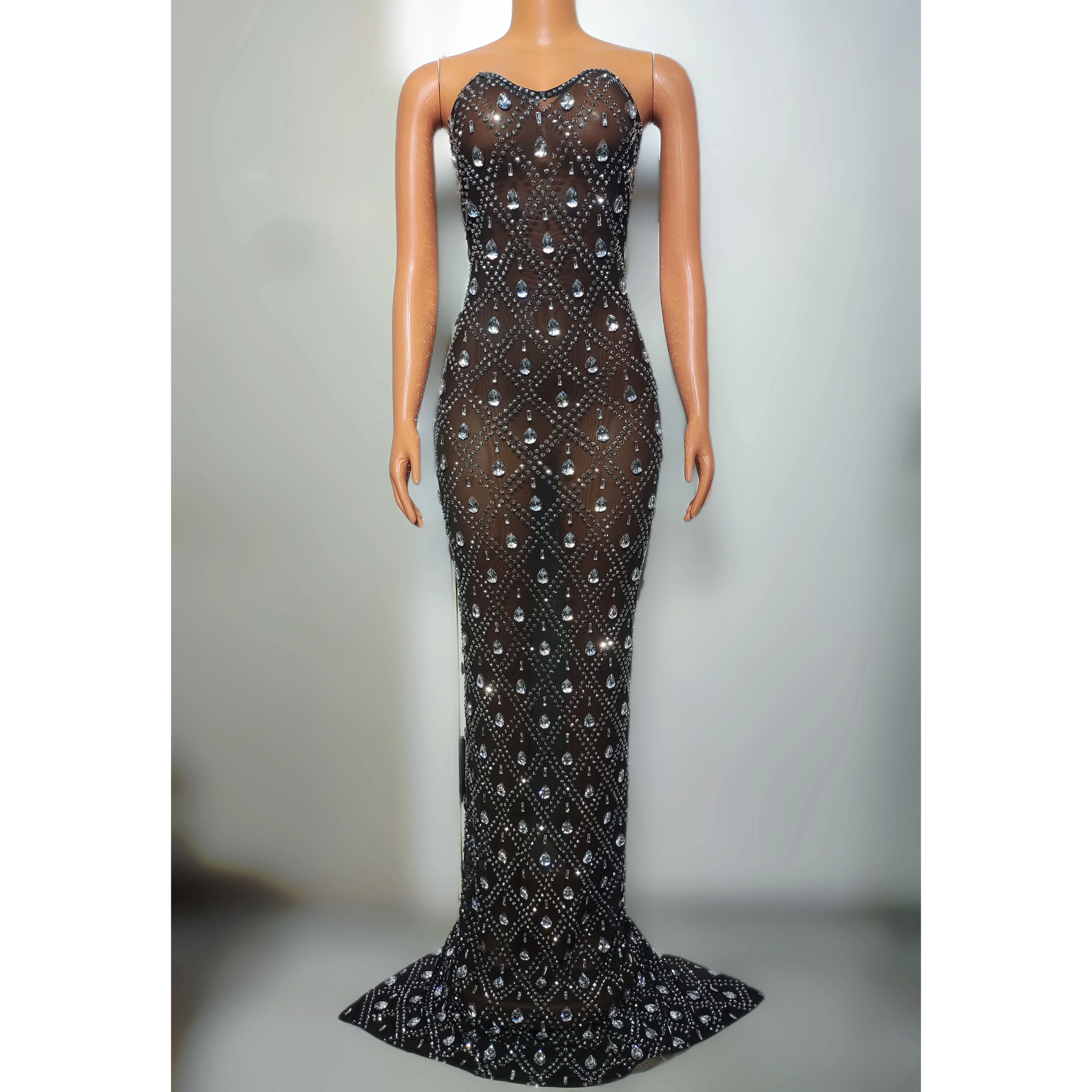 Sexy Rhinestones Evenging Long Mesh Dress Rhinestone Singer Stage Costume Birthday Party Dresses Gogo Dancehall Queen Outfit