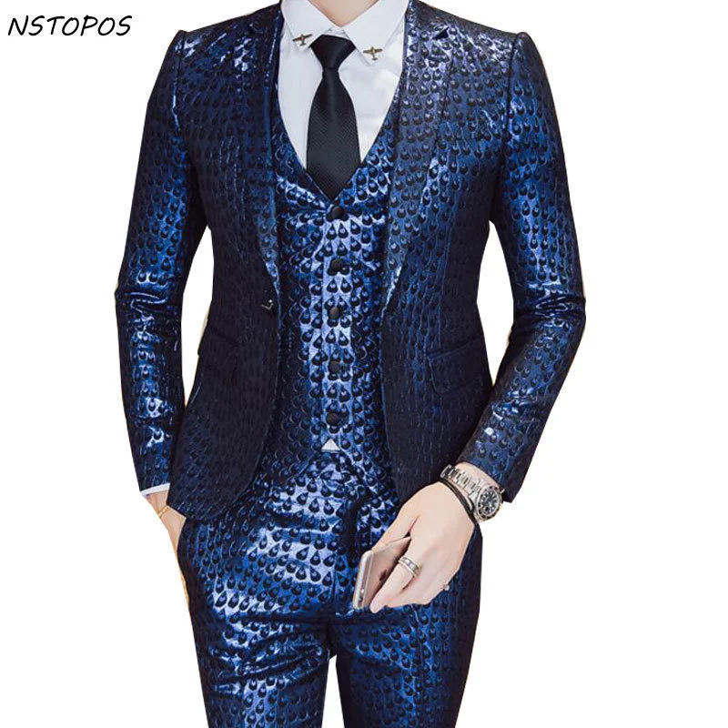 

Baroque Luxury Suit Gold Blue Tuxedo Jacket+vest+pant Smoking Homme Costume Mariage Homme Party Wedding Stage Clothing 3XL